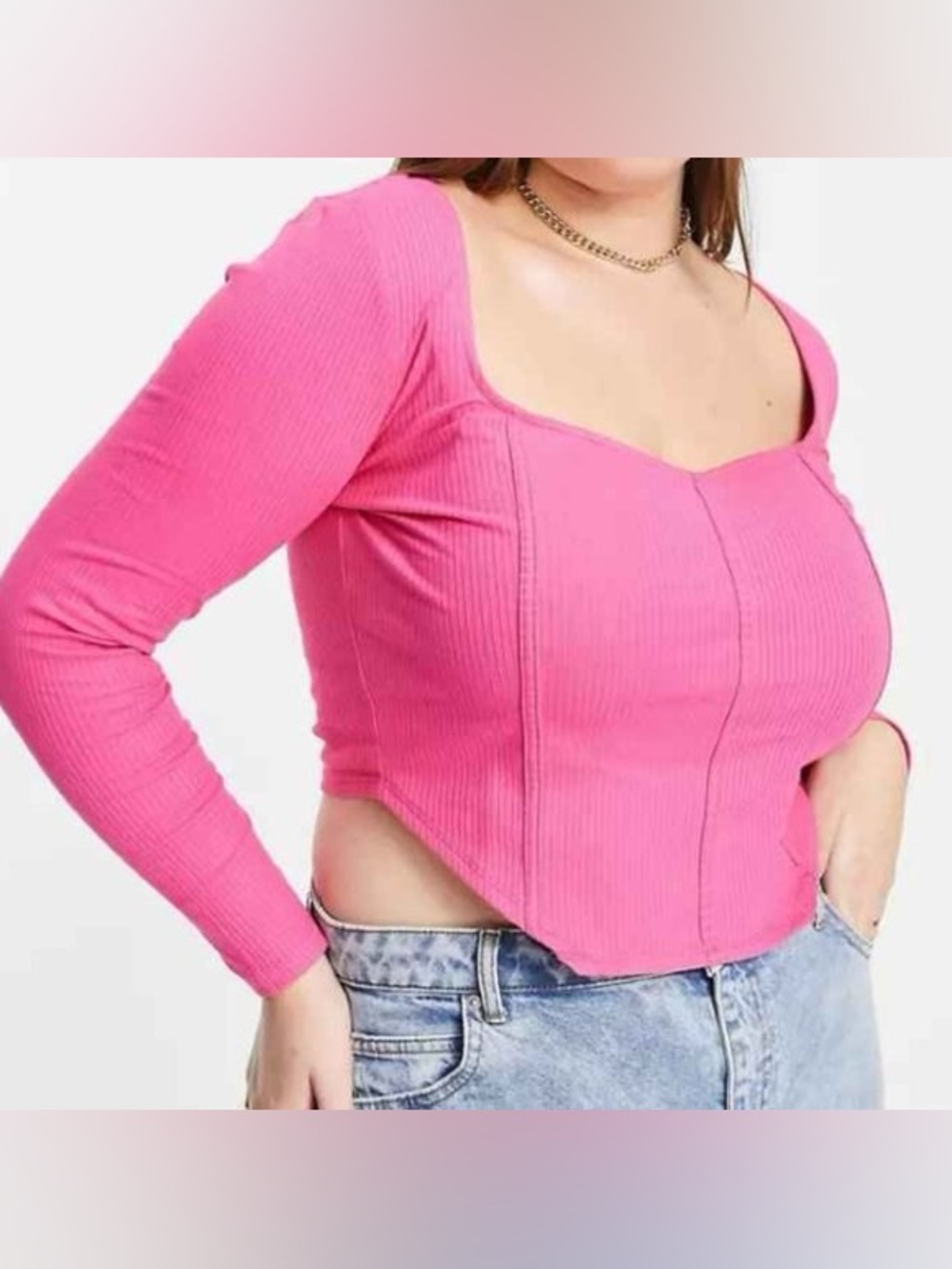 ASOS DESIGN Curve rib fitted corset top with wide neck in bright pink, Size 24